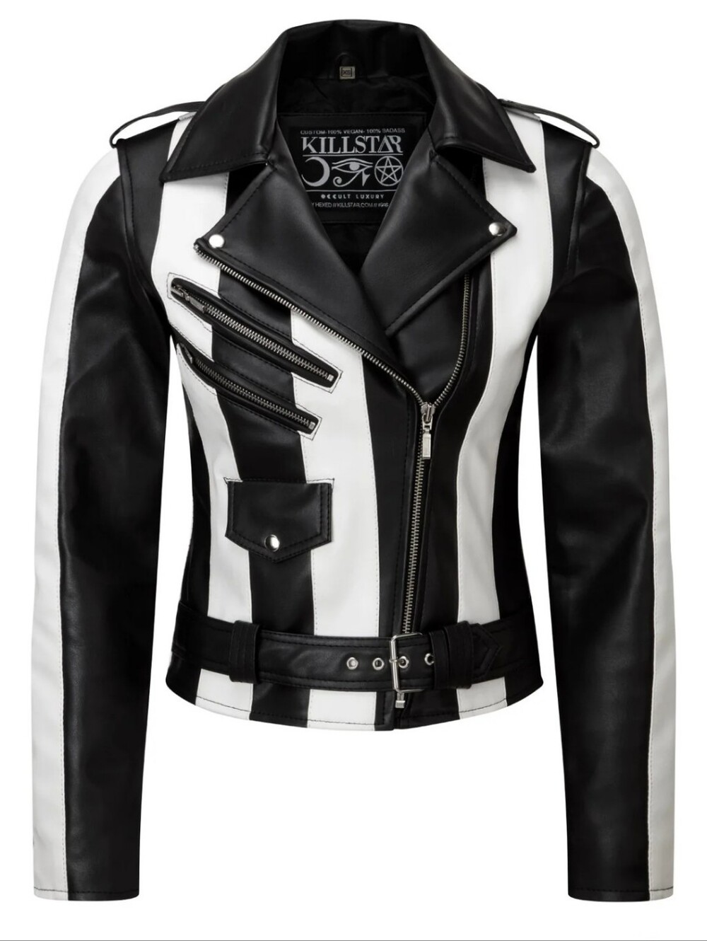 Killstar Womens Beetlejuice Vegan Biker Jacket Black-White Vertical Stripe READ*